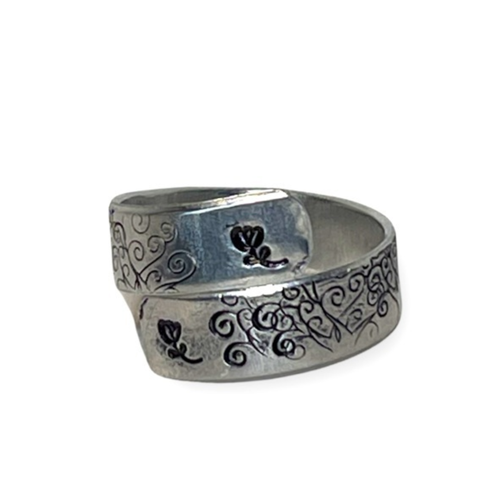 Handmade 8 hand stamped Tree of Life silver adjustable hypoallergenic wrap ring‎